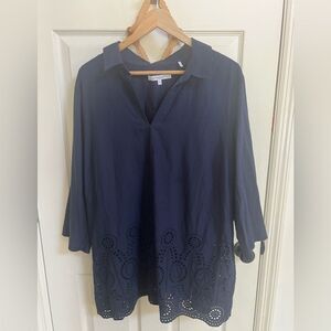 Foxcroft Blue Relaxed Blouse with Notched Collar, 22W, Plus size